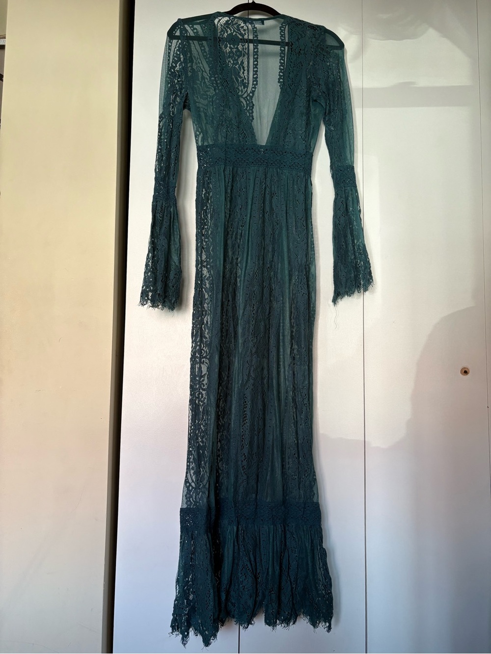 Long Teal Lace V-Neck Maxi Over-Dress with Sheer Details - Picture 5 of 5